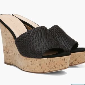 Veronica Beard Dali Woven Platform Wedge Sandals Slip On Black Cork 9